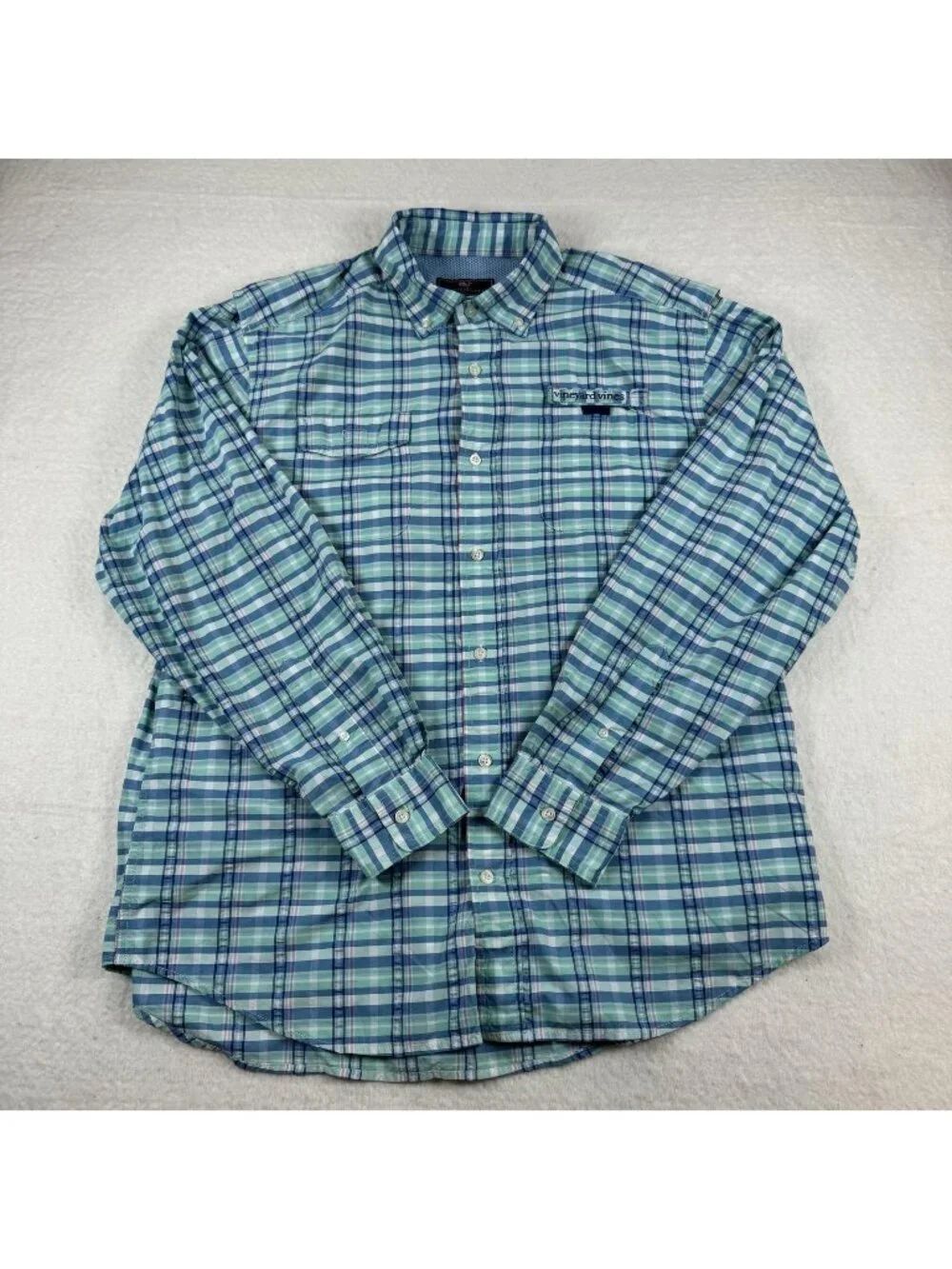 Vineyard Vines Shirt Mens Size L Blue Plaid Harbor Quick Dry Long Sleeve Fishing